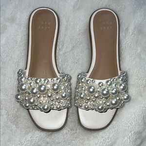 A New Day White and Brown Pearl Embellished Sandals